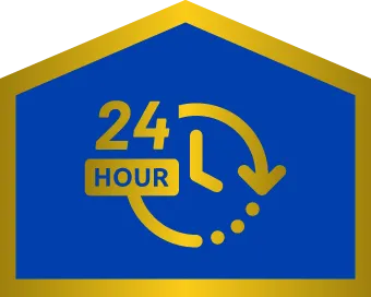 A Blue And Gold Icon With A Clock, The Number 24, And The Word &Quot;Hour,&Quot; Indicating 24-Hour Service Or Availability.