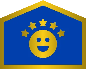 A Gold Smiling Face With Five Gold Stars Above It On A Blue Pentagonal Background With A Gold Border.