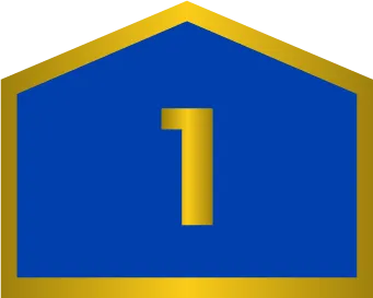 A Blue Pentagon With A Gold Border And A Large Gold Number 1 Centered Inside.