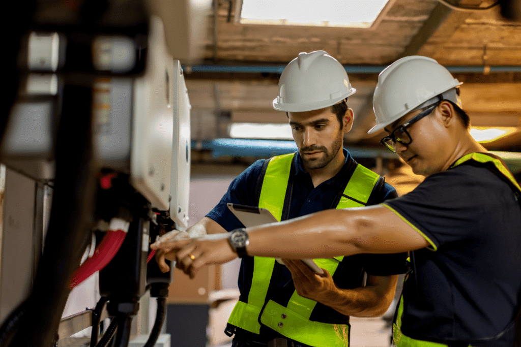 Two Workers In Safety Vests And Helmets Inspect Equipment In An Industrial Setting; One Points At Machinery While The Other Holds A Tablet And Takes Notes.