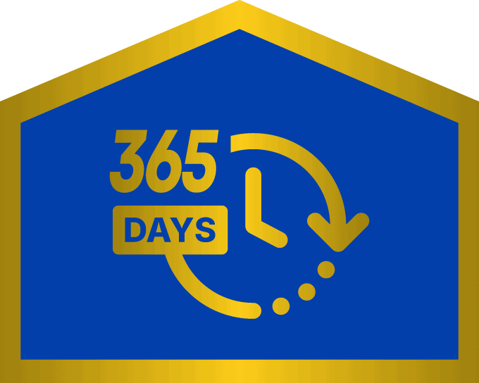 Blue House-Shaped Emblem With A Gold Border Featuring A Gold Clock Icon And The Text “365 Days”.